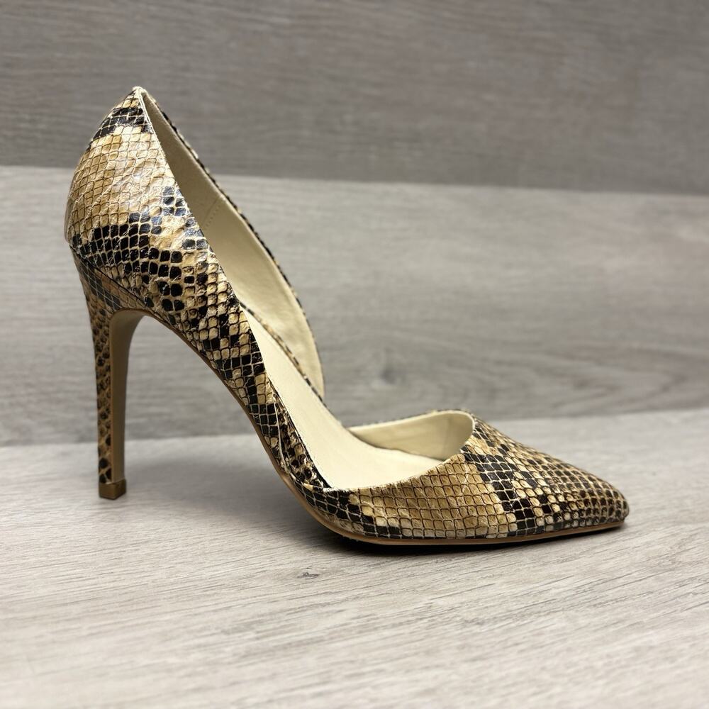 Lulus MIA Snakeskin Pumps Margo Tan Black D'Orsay Stiletto Pointed Toe Heels 7M